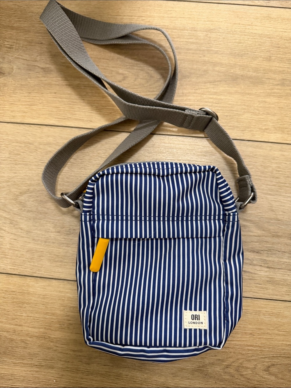 Orion London Navy & White Striped Crossbody Bag with Gray Strap